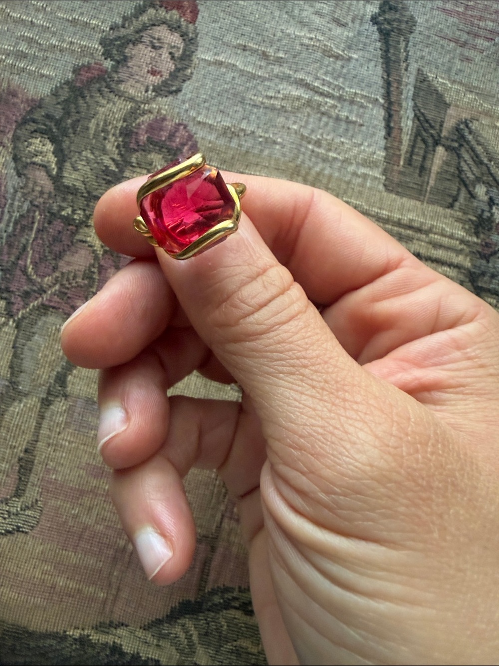 Gold-Plated Ring with Deep Red Cushion Stone